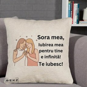 Cadou pentru Sora - Perna Personalizata Sora Mea Te Iubesc Imbratisare cu Sclipiri, 40x40 cm, Bej Canapea, Husa Detasabila, Perna Inclusa, BEKZ®