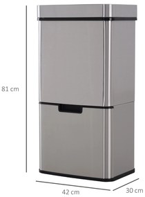 Cos de gunoi inteligent cu senzor HOMCOM, Capacitate 72 l, 42x30x81cm, Inox / ABS, Argintiu | Aosom Romania