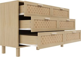 Comodă cu șase sertare din ratan, dulap de dormitor versatil cu spațiu generos de depozitare, 120x40x75 cm, Culoare naturală