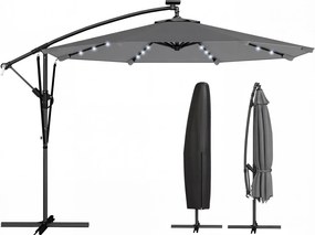 Outsunny Umbrelă Excentrică cu Lumină LED Solară 330x295 cm Umbrelă cu Bază Încrucișată Manivelă Husă Protectoare Gri Închis | Aosom Romania