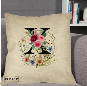Cadou Personalizat - Perna Personalizata Monograma Florala Litera X cu Coroana, 40x40 cm, Crem, Husa Detasabila, Perna Inclusa, BEKZ®