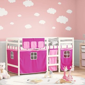 3283822 vidaXL Pat etajat de copii cu perdele, roz, 90x200 cm, lemn masiv pin