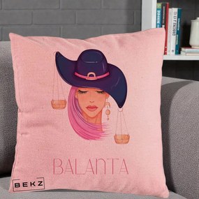 Perna Personalizata Zodiac Balanta Cowgirl, 40x40 cm, Roz, Husa Detasabila, Perna Inclusa, BEKZ®