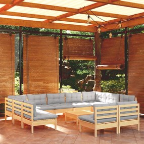 3097216 vidaXL Set mobilier de grădină cu perne, 12 piese, gri, lemn masiv pin