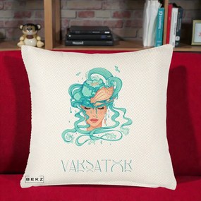 Perna Personalizata Zodiac Varsator Cowgirl, 40x40 cm, Crem Reliefat, Husa Detasabila, Perna Inclusa, BEKZ®