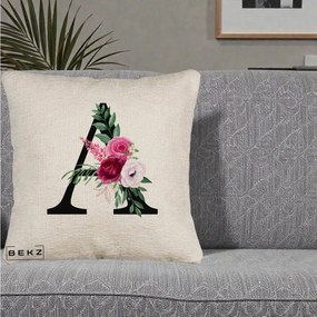 Cadou Personalizat - Perna Personalizata Monograma Florala Litera A, 40x40 cm, Bej Canapea, Husa Detasabila, Perna Inclusa, BEKZ®