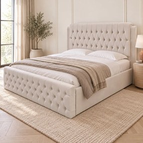 Pat tapițat Chesterfield din catifea Aveline Deluxe 180×200 cm, crem, cu ladă de depozitare