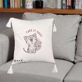Perna Personalizata Take It Easy Cat, 40x40 cm, Bej cu Franjuri, Husa Detasabila, Perna Inclusa, BEKZ®