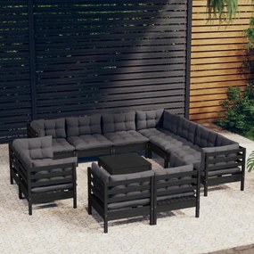 3096945 vidaXL Set mobilier grădină cu perne, 12 piese, negru, lemn masiv pin