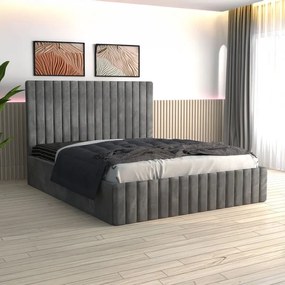 Pat Luca Tapitat din Catifea Gri cu Saltea 180x200 cm 20cm grosime