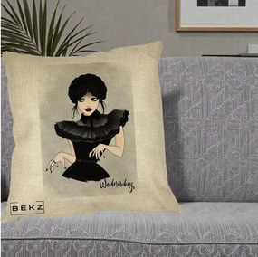 Perna Personalizata Wednesday Addams Portret Gotic, 40x40 cm, Crem, Husa Detasabila, Perna Inclusa, BEKZ®