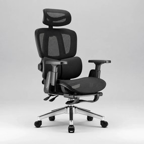 MILANO E06 Executive – Scaun Ergonomic cu Suport Lombar Reglabil în 2 Trepte, Tetieră Reglabilă, Cotiere 3D, Reclinare 135°, Suport pentru Picioare și Bază Metalică, Mesh, Negru