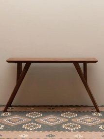 Masă consolă eclectică din lemn de acacia, maro, cu blat teșit și picioare oblice prinse în triunghi, 76 x 133 x 41 cm, „Avila”