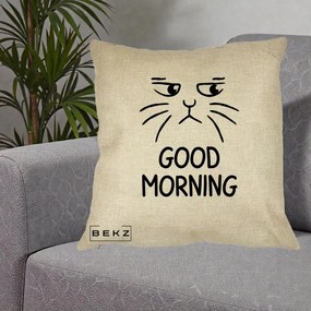 Perna Decorativa Pisica Morocanoasa Good Morning, 40x40 cm, Crem, Husa Detasabila, Perna Inclusa, BEKZ®