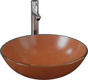 vidaXL Chiuvetă baie, robinet și scurgere tip push, maro sticlă călită