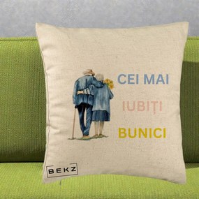 Cadou pentru Bunici - Perna Personalizata Cei Mai Iubiti Bunici Acuarela Spate, 40x40 cm, Bej, Husa Detasabila, Perna Inclusa, BEKZ®