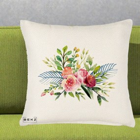 Perna Decorativa Buchet Flori Acuarela Roz-Verde, 40x40 cm, Crem Reliefat, Husa Detasabila, Perna Inclusa, BEKZ®