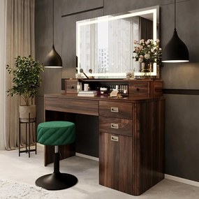 Masuta machiaj cu Oglinda LED si 5 Sertare pentru Cosmetice, Set Masa toaleta 115 cm, Maro, masuta cosmetica, vanity - SEM246