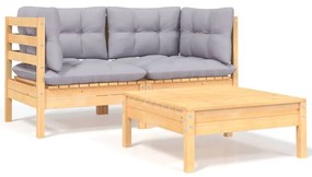 806675 vidaXL Set mobilier de grădină cu perne gri, 3 piese, lemn masiv pin
