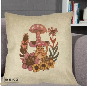 Perna Decorativa Ciuperca Pisica Boho, 40x40 cm, Crem, Husa Detasabila, Perna Inclusa, BEKZ®