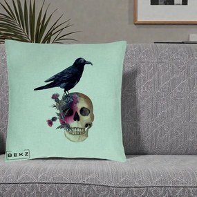 Perna Decorativa Craniu cu Corb si Flori Gothic, 40x40 cm, Verde Menta, Husa Detasabila, Perna Inclusa, BEKZ®