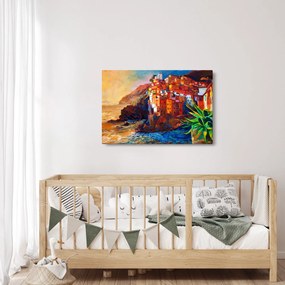 Tablou - Satul de coastă Cinque Terre, Riviera italiană, impresionismul modern (90x60 cm)