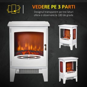 HOMCOM Semineu Electric Efect Flacara si 3 Laturi Deschise, Temperatura Reglabila 1000W-2000W, Acoperire 20-25m², 39x26x54.8cm, Alb | AOSOM RO