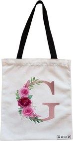 Sacosa de Panza pentru Cumparaturi, Geanta Tote, Cu litera G Rose Gold si Trandafiri, Cu fermoar, 38x34.5 cm, Alba, BEKZ®