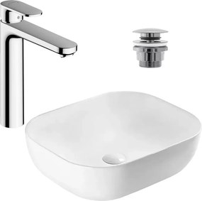 Pachet lavoar pe blat Rea Belinda Slim alb 46.5 cm, baterie lavoar Hansgrohe Vernis Blend crom si ventil lavoar Click-Clack crom
