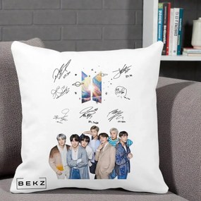 Perna Personalizata K-pop BTS Autografe Toti Membrii Fotografie, 40x40 cm, Alba Mata, Husa Detasabila, Perna Inclusa, BEKZ®