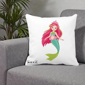 Perna Decorativa Sirena Roz cu Coroana, 40x40 cm, Alba Mata, Husa Detasabila, Perna Inclusa, BEKZ®