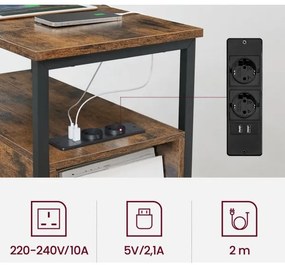Masă laterală ROD cu prize integrate și porturi USB, maro/negru