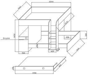 Supermobel Pat supraetajat pentru copii TOLEDO 2, 254,5x165x94,5, alb/alb lucios/roz mânere, stanga
