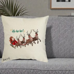 Perna Decorativa Ho Ho Ho Mos Craciun cu Sanie si Reni, 40x40 cm, Ecru, Husa Detasabila, Perna Inclusa, BEKZ®