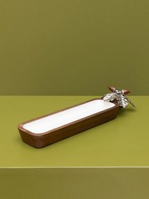 Platou decorativ din lemn de mango decorat cu ghinde și frunze de stejar din aluminiu auriu și argintiu, formă dreptunghiulară, 2 × 38 × 10 cm,
