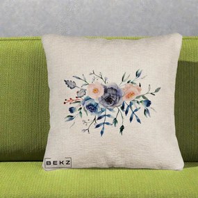 Perna Decorativa Buchet Flori Albastre Acuarela, 40x40 cm, Bej Canapea, Husa Detasabila, Perna Inclusa, BEKZ®