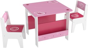 AIYAPLAY Set de masă cu 2 scaune pentru copii 3-8 ani, cu raft în lemn MDF cu motive de inimi, Roz | Aosom Romania