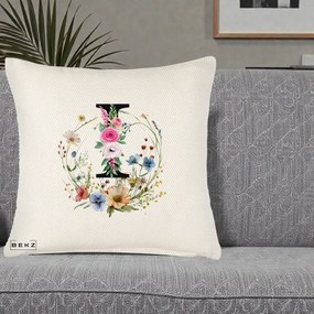 Cadou Personalizat - Perna Personalizata Monogram Litera I cu Flori Acuarela, 40x40 cm, Crem Reliefat, Husa Detasabila, Perna Inclusa, BEKZ®