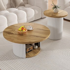 Set de 2 măsuțe de cafea rotunde, masă principală și măsuță laterală cu compartiment de depozitare, 75x75x50/45x45x35 cm, Culoare naturală