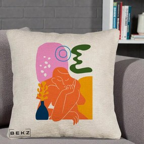 Perna Decorativa Femeie Meditand Abstract, 40x40 cm, Bej Canapea, Husa Detasabila, Perna Inclusa, BEKZ®