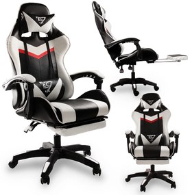 JAKS PREMIUM SCAUN GAMING REGLABIL ECO - PIELE NEGRU-ALB + PERNĂ DE MASAJ
