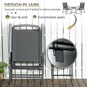 Outsunny Set de Exterior din 3 Piese cu Masă cu Blat din Sticlă și 2 Scaune Pliabile din Plasă, Ф45x50 cm, Gri Deschis | Aosom Romania