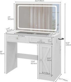 Masuta machiaj cu Oglinda LED si 2 Sertare pentru Cosmetice, Set Masa toaleta 90 cm, Alb, masuta cosmetica, vanity - SEA498
