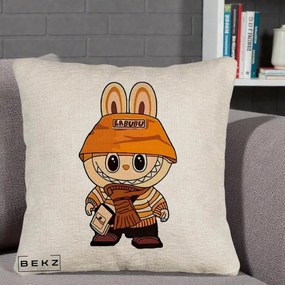 Perna Personalizata Labubu Streetwear Portocaliu, 40x40 cm, Bej Canapea, Husa Detasabila, Perna Inclusa, BEKZ®