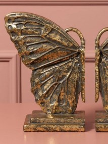 Set 2 suporturi pentru cărți din rășină, auriu, model aripi de fluture cu desen în relief și margine perlată, bază în trepte, finisaj patinat, 20,5 x