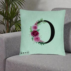 Cadou Personalizat - Perna Personalizata Monograma Florala Litera O, 40x40 cm, Verde Menta, Husa Detasabila, Perna Inclusa, BEKZ®