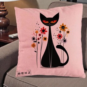 Perna Decorativa Pisica Neagra Ochi Rosii Flori, 40x40 cm, Roz, Husa Detasabila, Perna Inclusa, BEKZ®