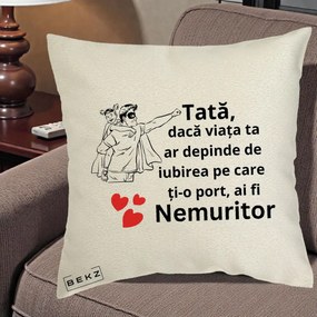 Cadou pentru Tata - Perna Personalizata Tata Nemuritor Supererou cu Masca, 40x40 cm, Ecru, Husa Detasabila, Perna Inclusa, BEKZ®