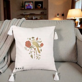 Perna Decorativa Pasare pe Ramura cu Maci, 40x40 cm, Bej cu Franjuri, Husa Detasabila, Perna Inclusa, BEKZ®