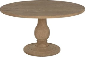Masă dining rotundă din lemn de mango, natur, 6 locuri, cu picior central strunjit, 76 x 140 cm, „Orly”
